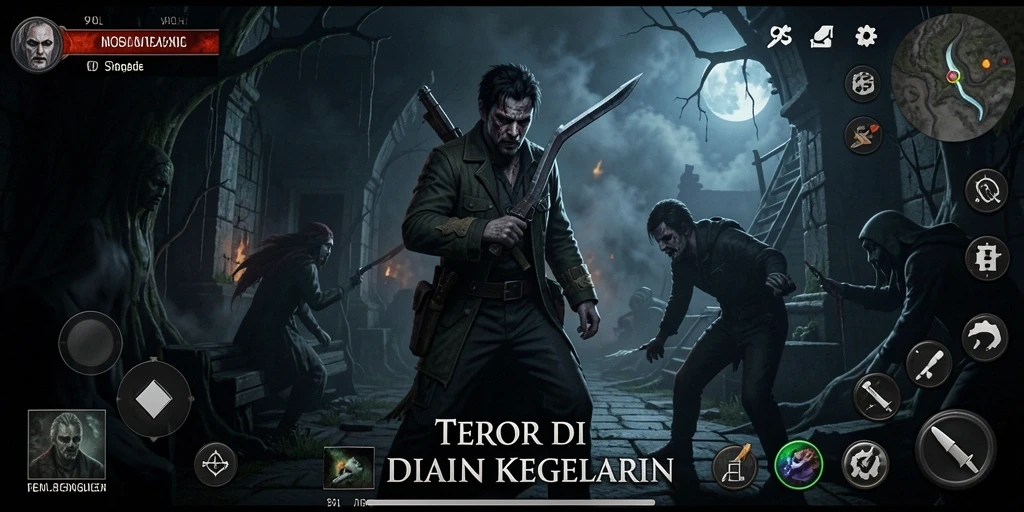Screenshot gameplay 9SL yang menegangkan dengan atmosfir horror yang kuat.