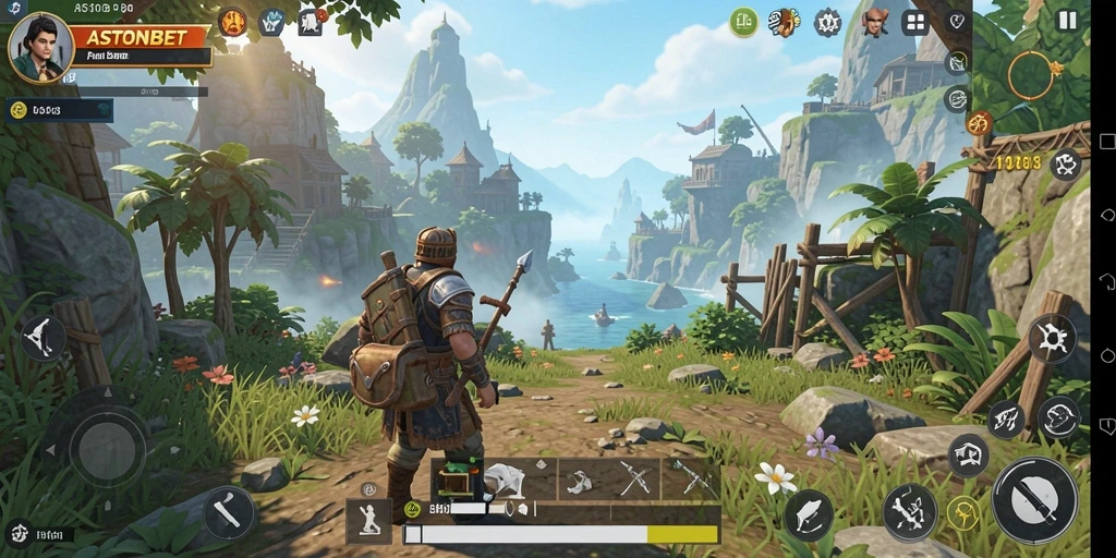 Screenshot gameplay ASTONBET menampilkan eksplorasi dunia terbuka yang luas.