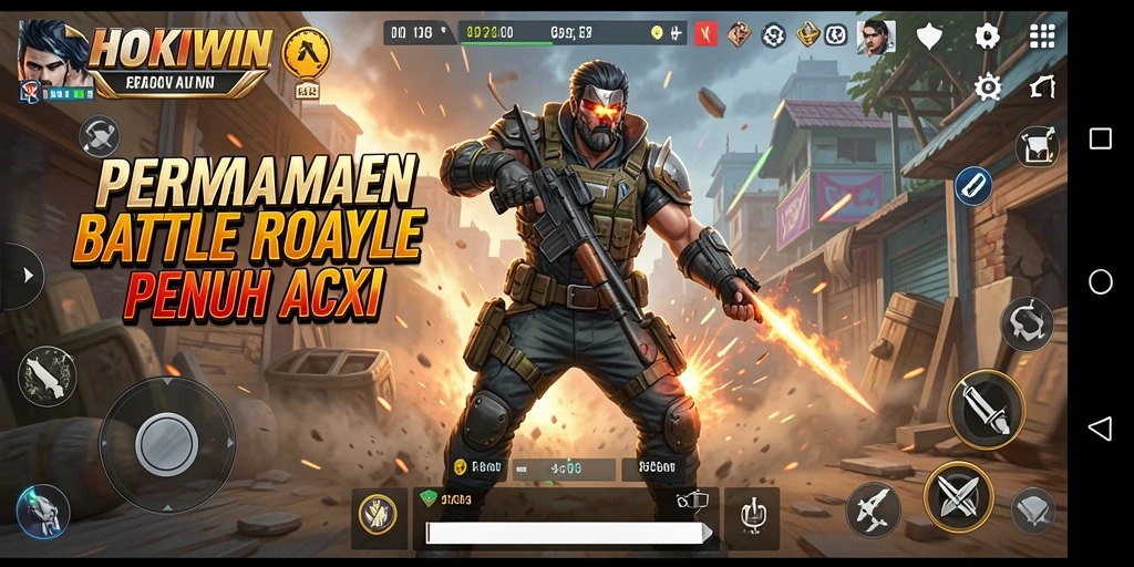 Screenshot gameplay HOKIWIN menampilkan aksi mendebarkan dalam pertempuran Battle Royale.