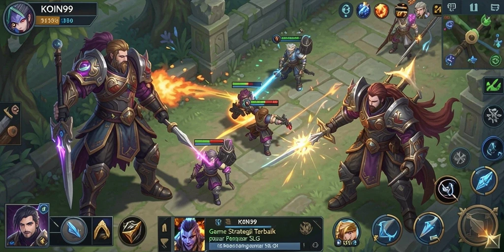 Screenshot gameplay KOIN99 yang menampilkan aksi pertempuran dan pembangunan strategi.