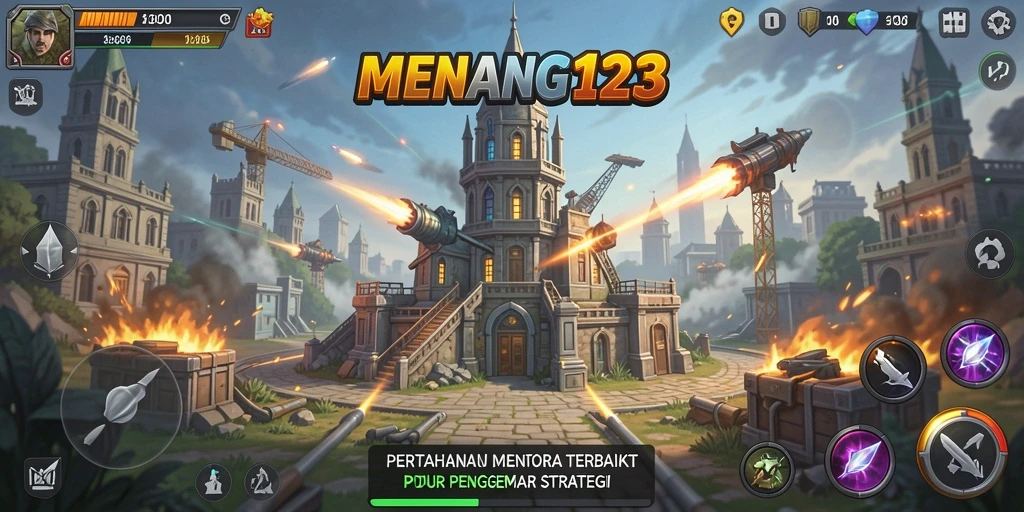 Tampilan gameplay <strong>MENANG123</strong> dengan menara pertahanan dan serangan musuh.