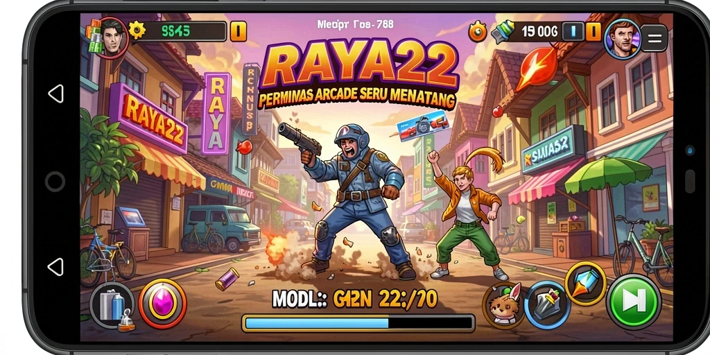 Tangkapan layar utama RAYA22 menampilkan aksi gameplay arcade yang mengasyikkan.