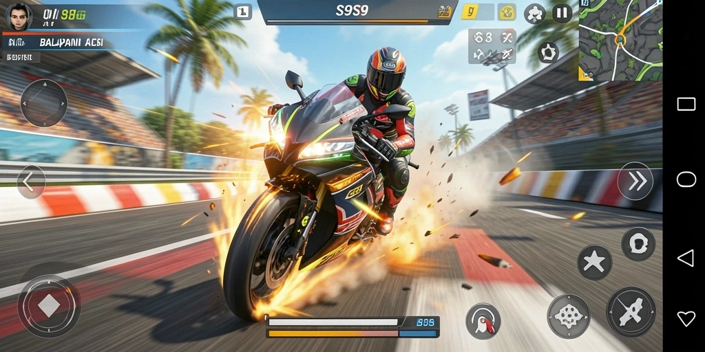 Screenshot S9S9 menampilkan gameplay balapan motor yang seru.